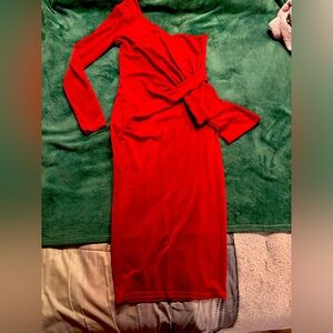 Day & Night Red Velvet One-Shoulder Midi Dress Size M